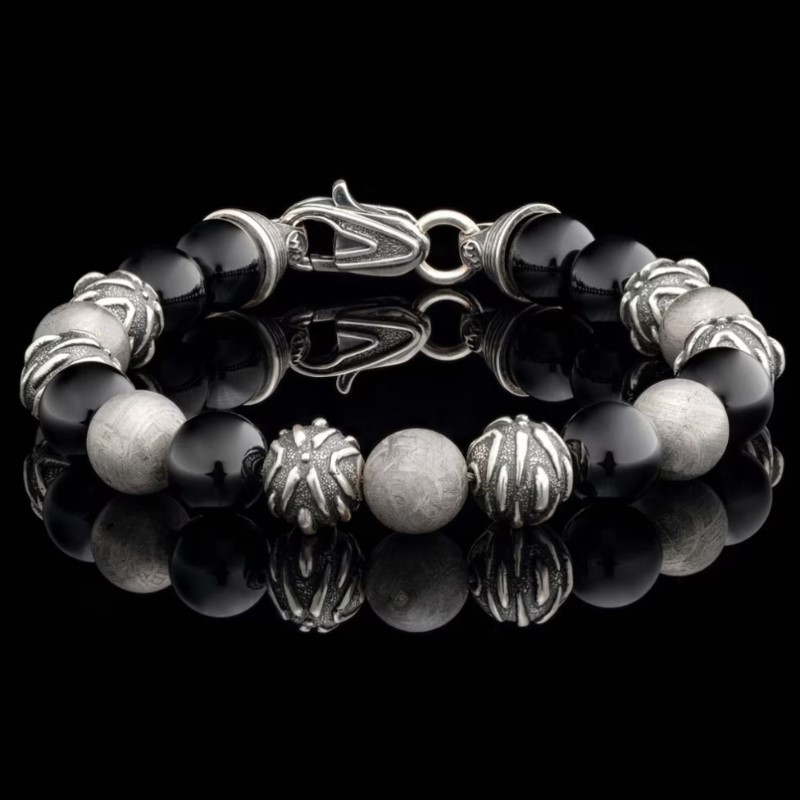 William Henry Archeon Polished Black Onyx with Meteorite and Silver Embellished Beads Bracelet